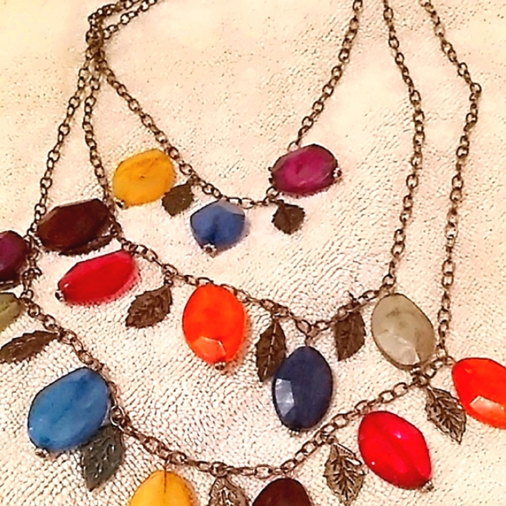Women's Triple Strand Layered Necklace with Multicolor Gemstones & Copper Leaves